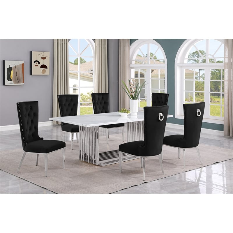 Best Quality Furniture 7-Piece Marble & Velvet Dining Set in White and Black