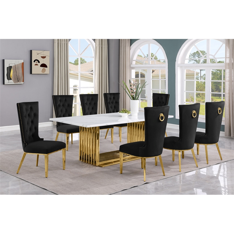 Best Quality Furniture 9-Piece Velvet & Marble Dining Set in Black/Gold/White