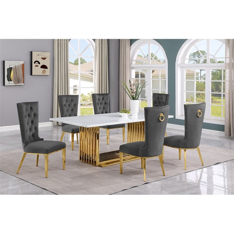 Best Quality Furniture 7-Piece Velvet & Marble Dining Set in Dark Gray/White