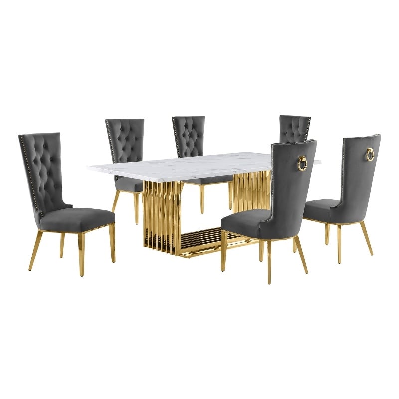 Best Quality Furniture 7-Piece Velvet & Marble Dining Set in Dark Gray/White