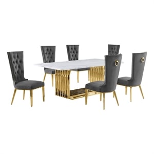 Best Quality Furniture 7-Piece Velvet & Marble Dining Set in Dark Gray/White