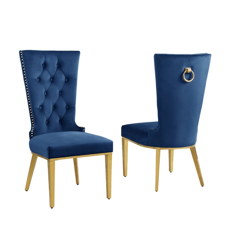 Best Quality Furniture 7-Piece Velvet & Marble Dining Set in Navy Blue/White