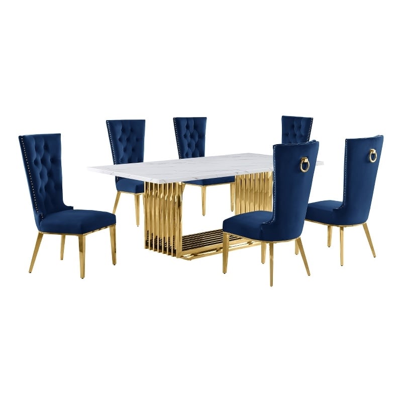 Best Quality Furniture 7-Piece Velvet & Marble Dining Set in Navy Blue/White