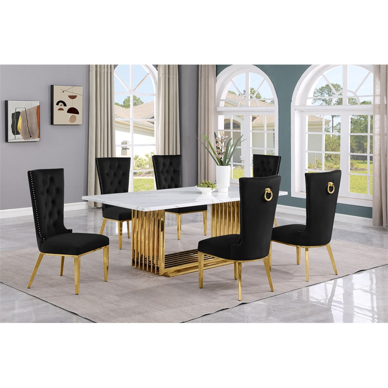 Best Quality Furniture 7-Piece Velvet & Marble Dining Set in Black/White