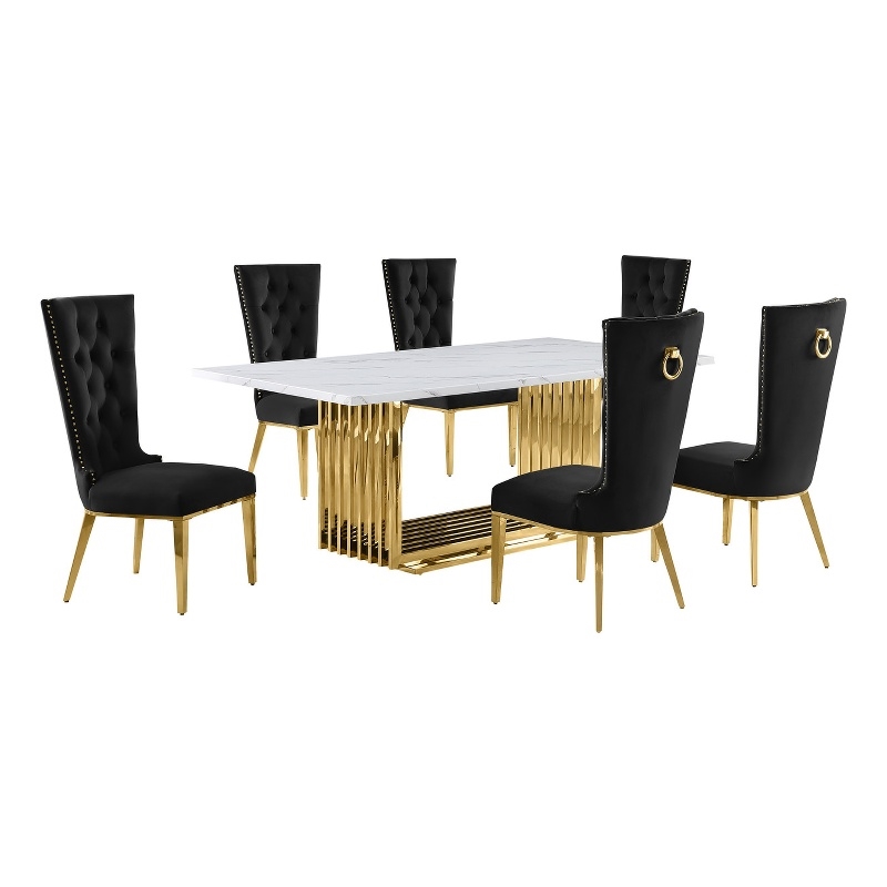 Best Quality Furniture 7-Piece Velvet & Marble Dining Set in Black/White