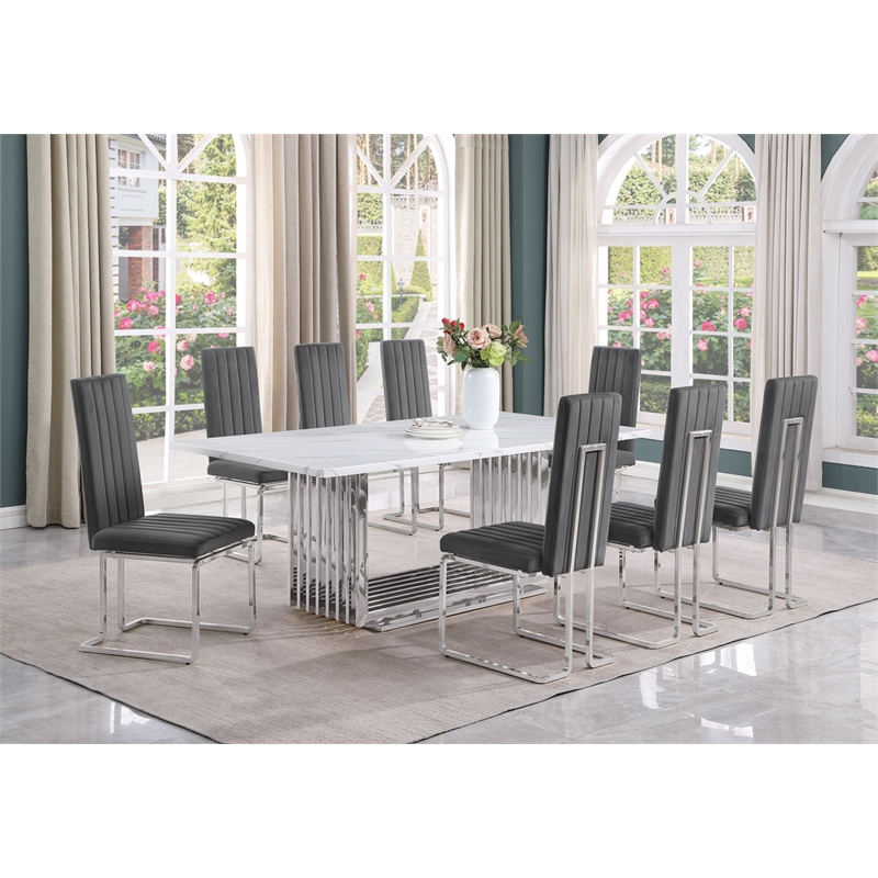 Best Quality Furniture 9-Piece Marble & Velvet Dining Set in White and Gray