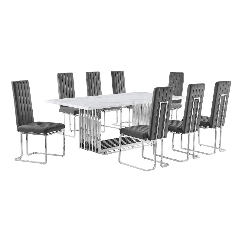 Best Quality Furniture 9-Piece Marble & Velvet Dining Set in White and Gray