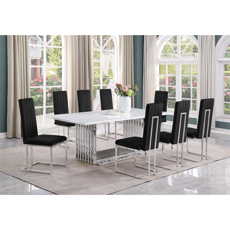 Best Quality Furniture 9-Piece Steel & Marble Dining Set in Silver/Black/White