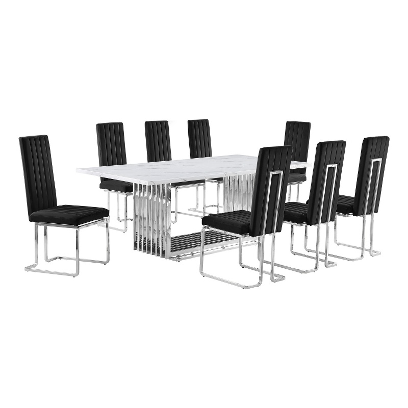 Best Quality Furniture 9-Piece Steel & Marble Dining Set in Silver/Black/White