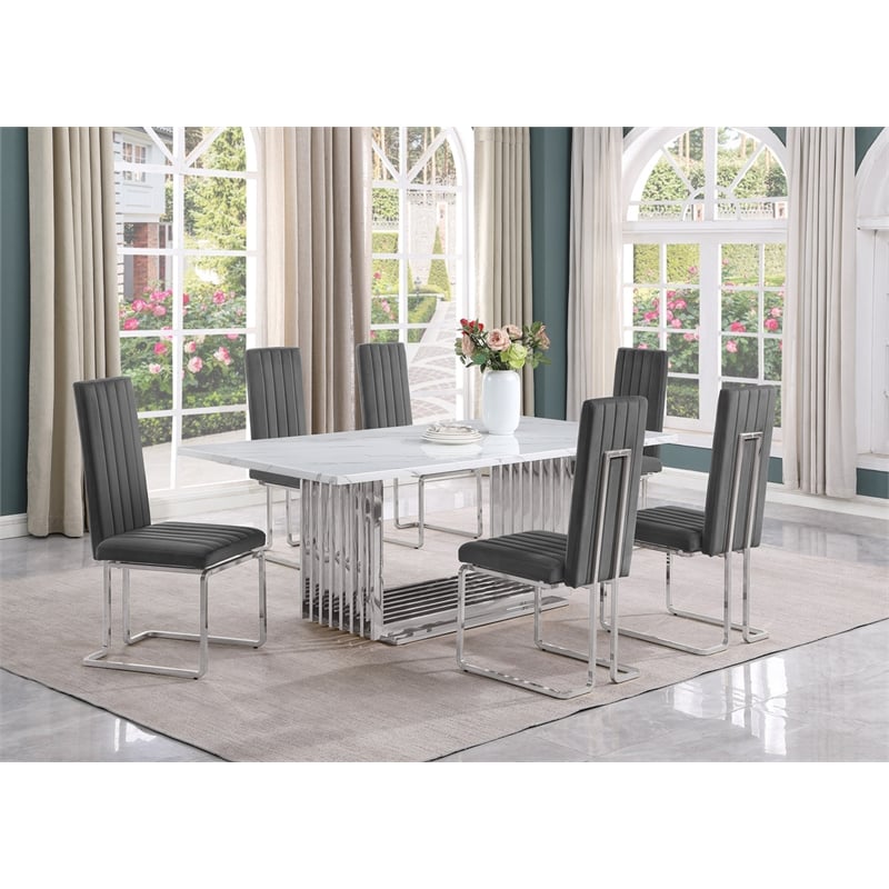 Best Quality Furniture 7-Piece Marble & Velvet Dining Set in White and Dark Gray