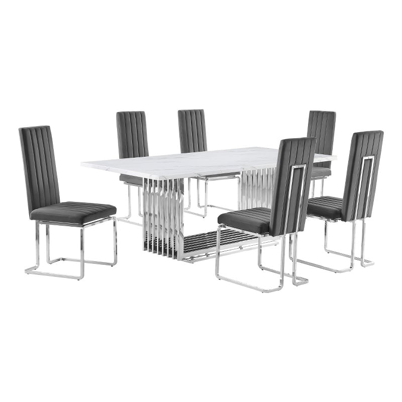 Best Quality Furniture 7-Piece Marble & Velvet Dining Set in White and Dark Gray
