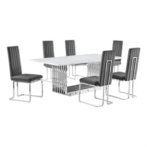 Best Quality Furniture 7-Piece Marble & Velvet Dining Set in White and Dark Gray