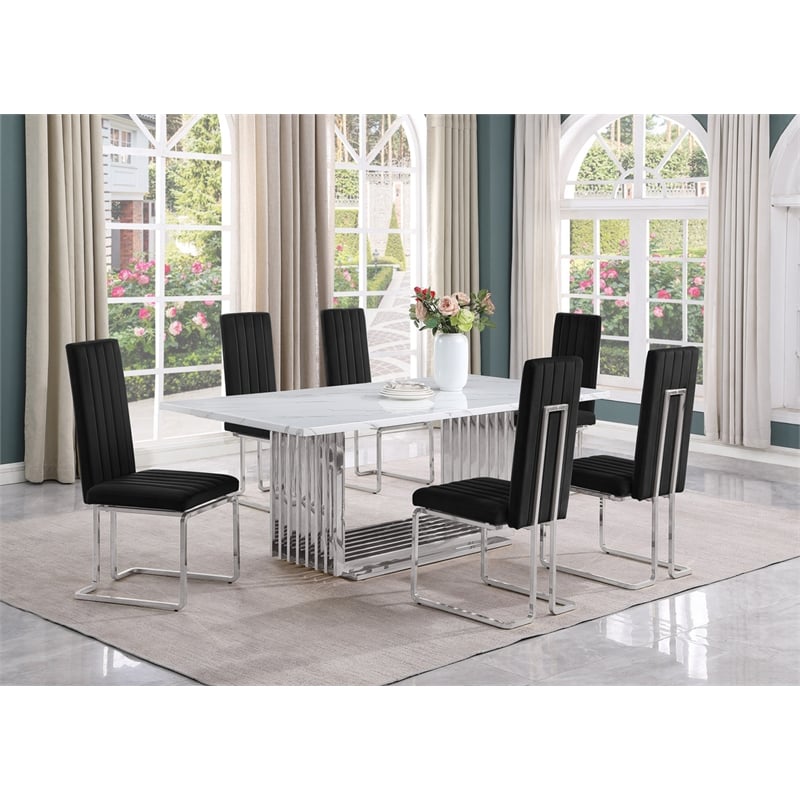Best Quality Furniture 7-Piece Velvet & Marble Dining Set in Black and White