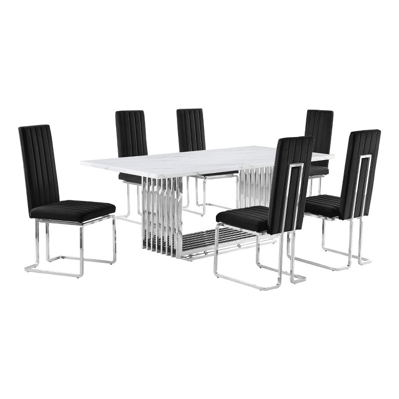 Best Quality Furniture 7-Piece Velvet & Marble Dining Set in Black and White