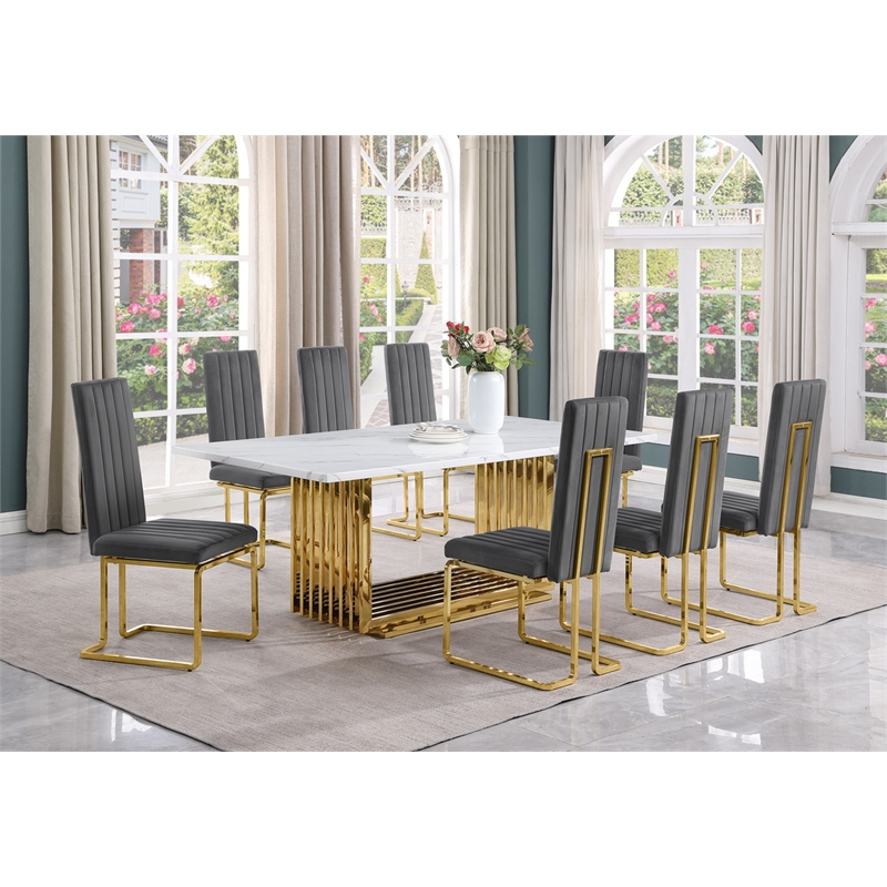 Best Quality Furniture 9-Piece Steel & Marble Dining Set in Gray/Gold/White