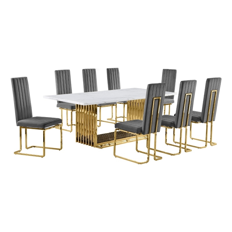 Best Quality Furniture 9-Piece Steel & Marble Dining Set in Gray/Gold/White