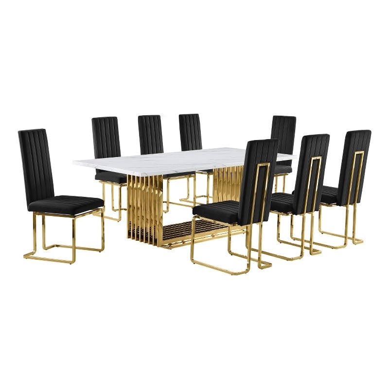 Best Quality Furniture 9-Piece Steel & Marble Dining Set in Black/Gold/White