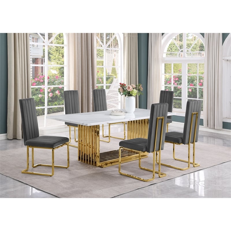 Best Quality Furniture White Marble Dining Set with Dark Gray Velvet Chairs