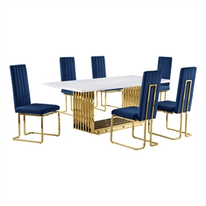 Best Quality Furniture 7-Piece Velvet & Marble Dining Set in Navy/White