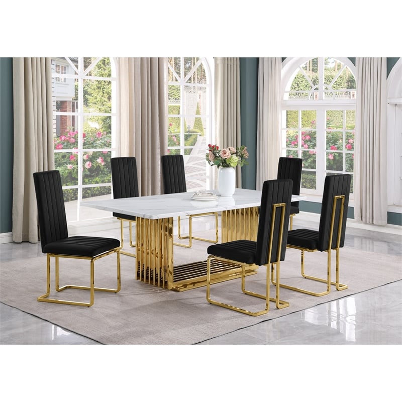 Best Quality Furniture 7-Piece Velvet & Marble Dining Set in Black/White