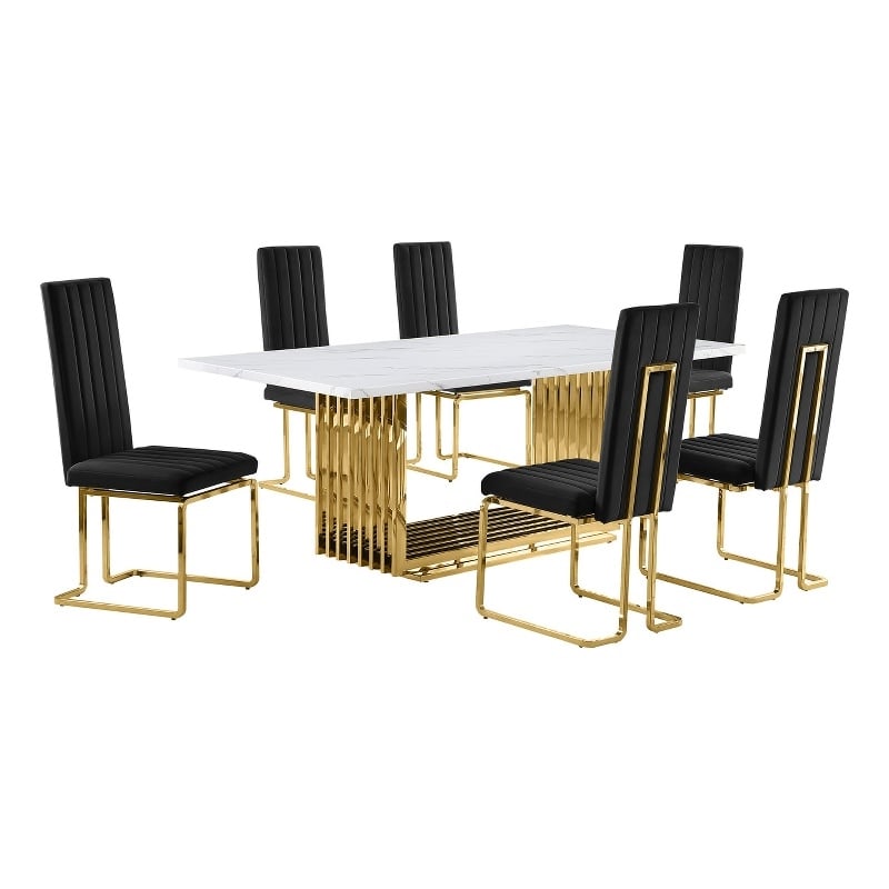 Best Quality Furniture 7-Piece Velvet & Marble Dining Set in Black/White