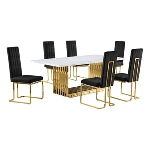 Best Quality Furniture 7-Piece Velvet & Marble Dining Set in Black/White