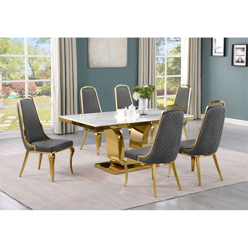 Best Quality Furniture White Marble Dining Set with Dark Gray Velvet Chairs