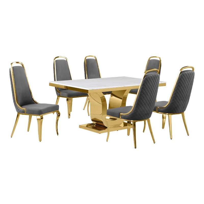 Best Quality Furniture White Marble Dining Set with Dark Gray Velvet Chairs