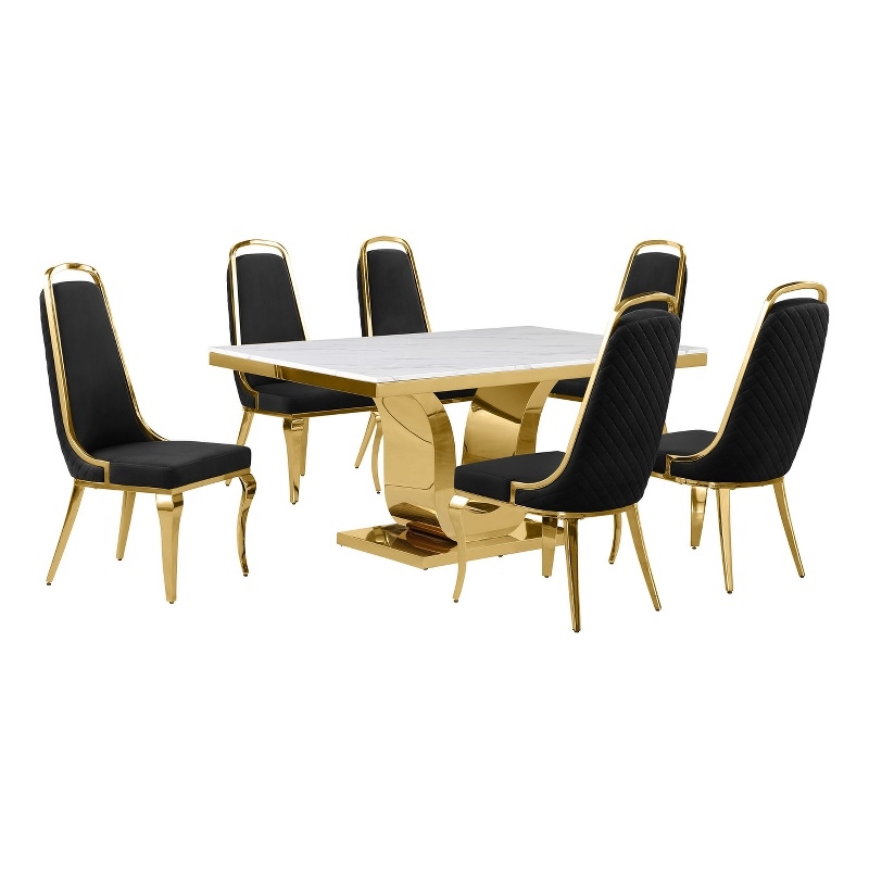 Best Quality Furniture White Marble Dining Set with Black Velvet Chairs