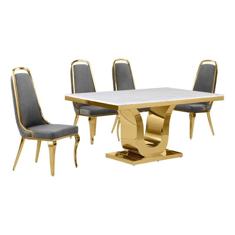 Best Quality Furniture White Marble Dining Set with Dark Gray Velvet Chairs