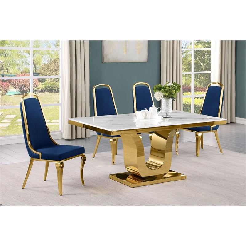 Best Quality Furniture White Marble Dining Set with Navy Blue Velvet Chairs