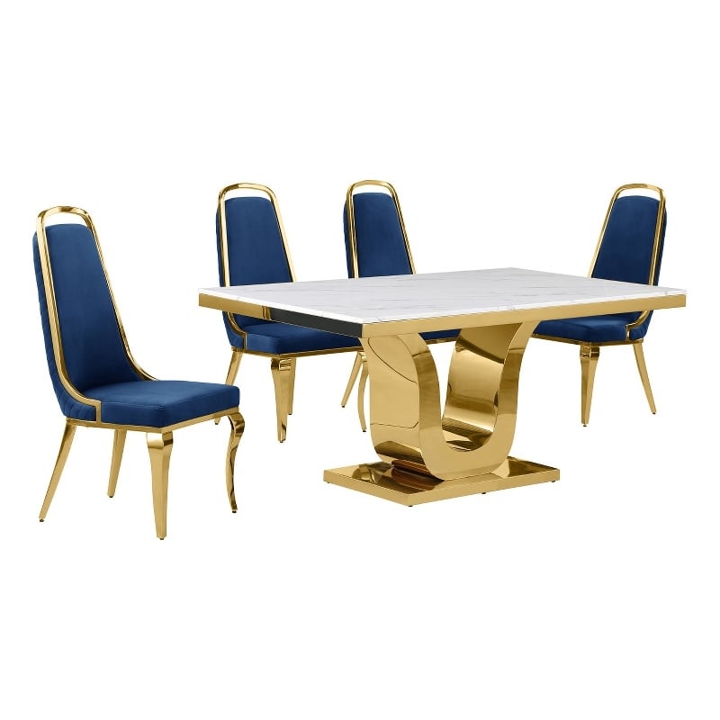 Best Quality Furniture White Marble Dining Set with Navy Blue Velvet Chairs