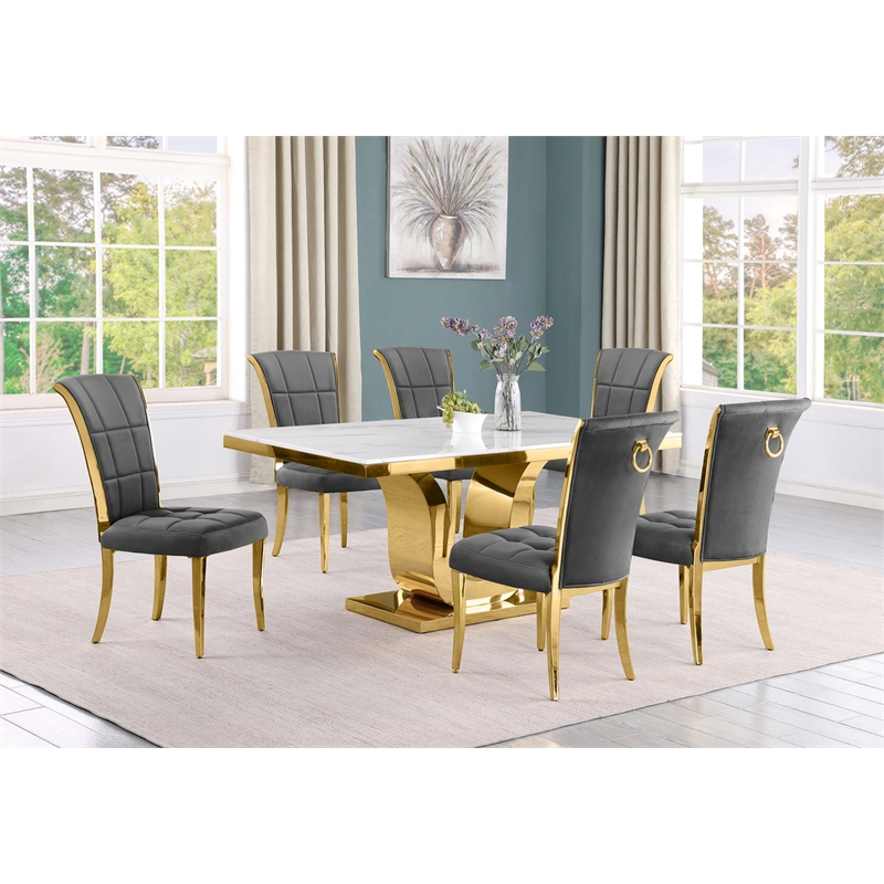 Best Quality Furniture White Marble Dining Set with Dark Gray Velvet Chairs