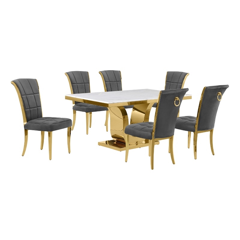 Best Quality Furniture White Marble Dining Set with Dark Gray Velvet Chairs