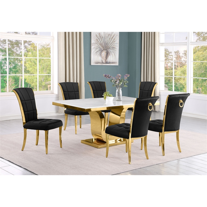 Best Quality Furniture White Marble Dining Set with Black Velvet Chairs