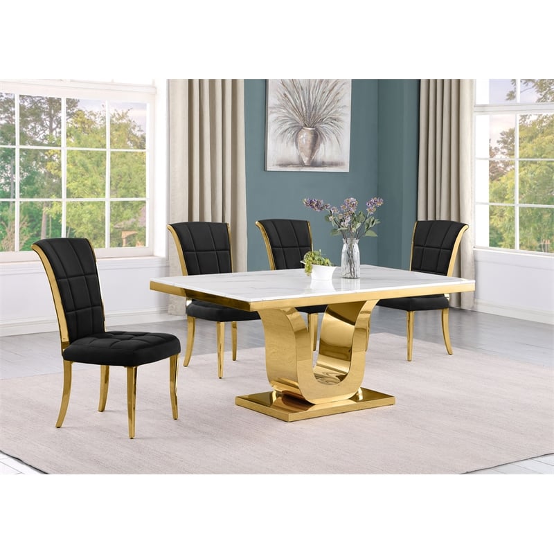 Best Quality Furniture White Marble Dining Set with Black Velvet Chairs