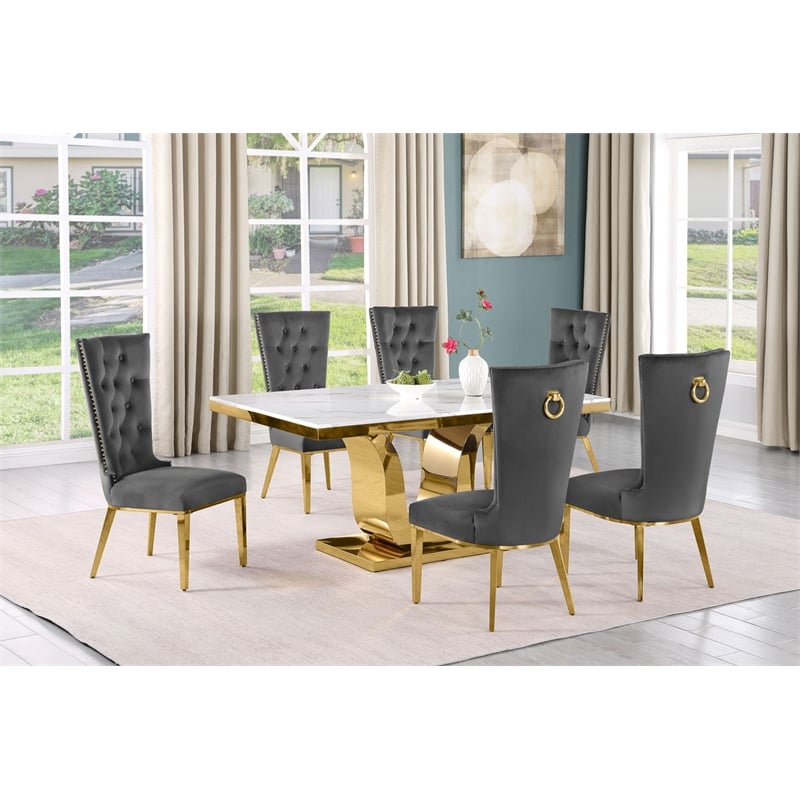Best Quality Furniture White Marble Dining Set with Dark Gray Velvet Chairs