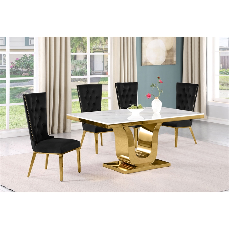 Best Quality Furniture White Marble Dining Set with Black Velvet Chairs