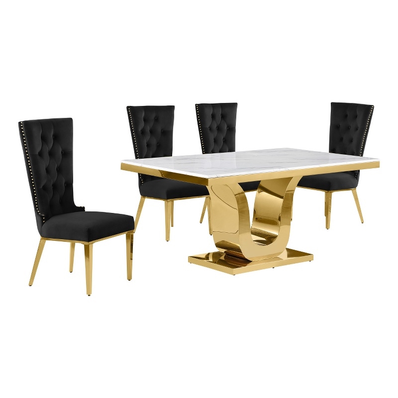 Best Quality Furniture White Marble Dining Set with Black Velvet Chairs