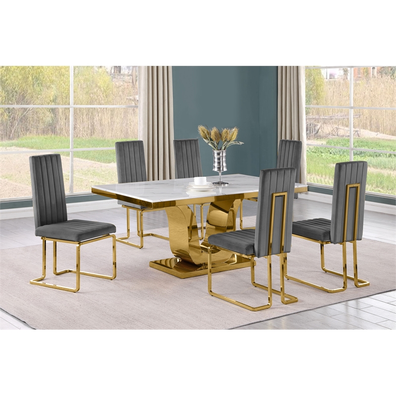 Best Quality Furniture White Marble Dining Set with Dark Gray Velvet Chairs