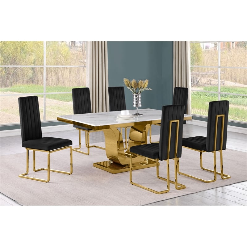Best Quality Furniture White Marble Dining Set with Black Velvet Chairs
