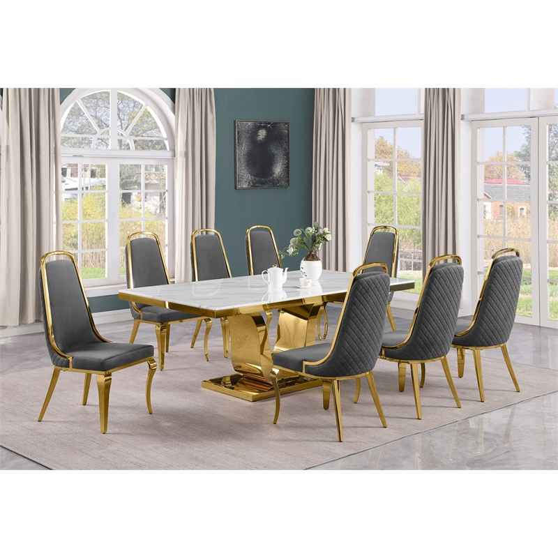 Best Quality Furniture White Marble Dining Set with Dark Gray Velvet Chairs