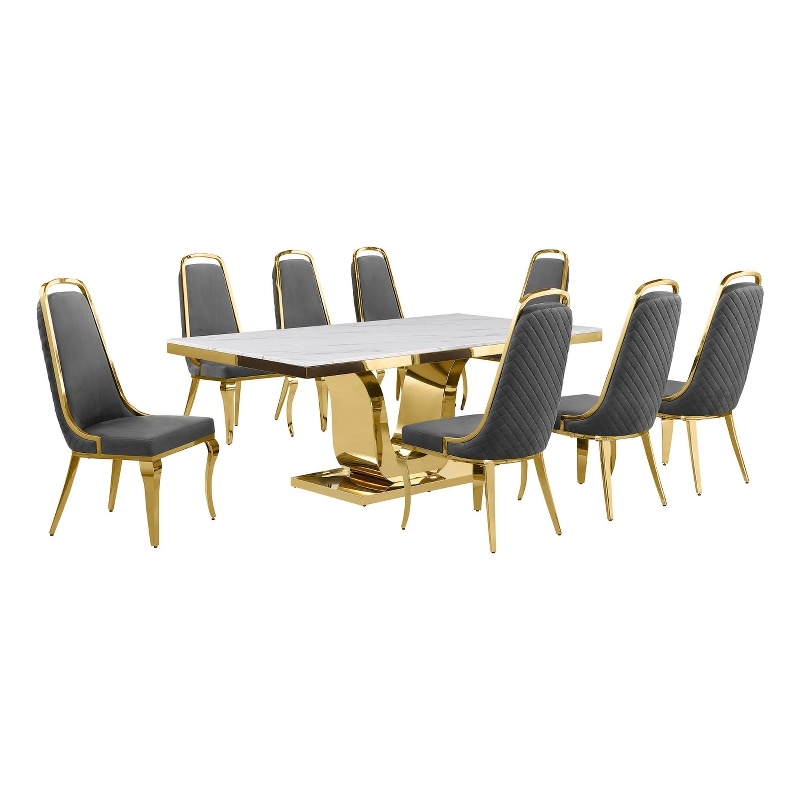 Best Quality Furniture White Marble Dining Set with Dark Gray Velvet Chairs