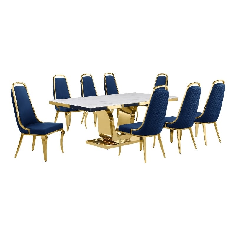 Best Quality Furniture White Marble Dining Set with Navy Blue Velvet Chairs