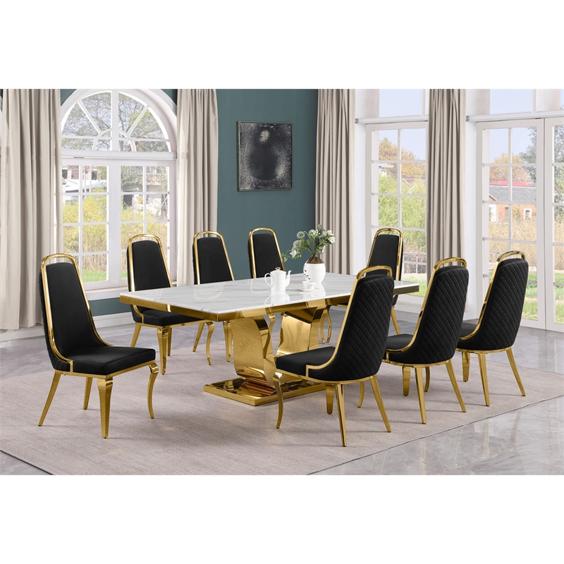 Best Quality Furniture White Marble Dining Set with Black Velvet Chairs