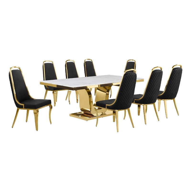 Best Quality Furniture White Marble Dining Set with Black Velvet Chairs
