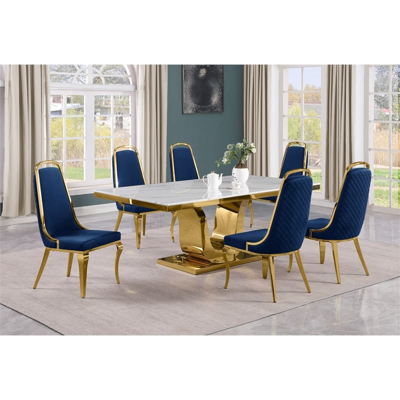 Best Quality Furniture White Marble Dining Set with Navy Blue Velvet Chairs