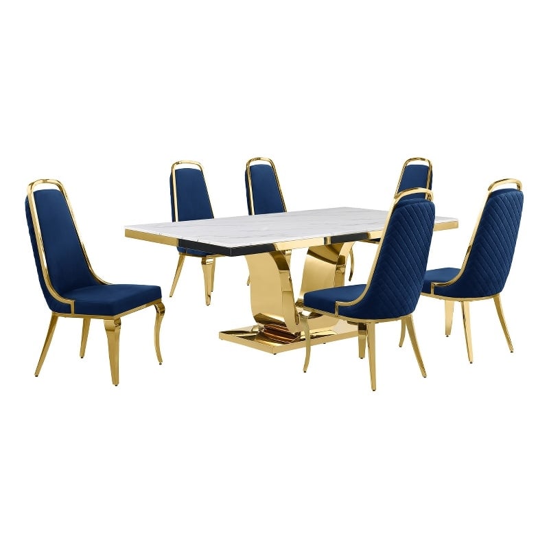 Best Quality Furniture White Marble Dining Set with Navy Blue Velvet Chairs