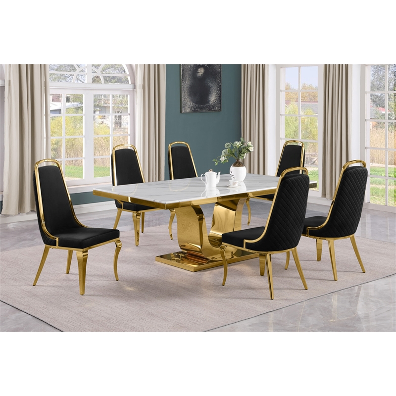 Best Quality Furniture White Marble Dining Set with Black Velvet Chairs