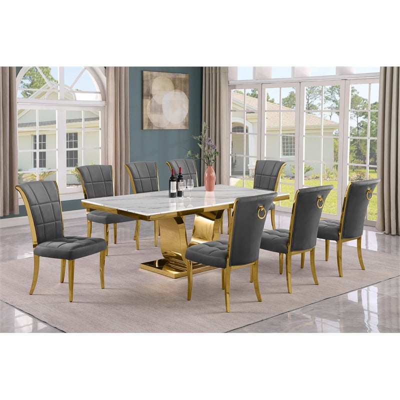 Best Quality Furniture White Marble Dining Set with Dark Gray Velvet Chairs